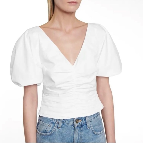 STAUD- Fiona Top Poplin V Neck Puff Sleeve Classic White Ruched Blouse - Picture 1 of 9